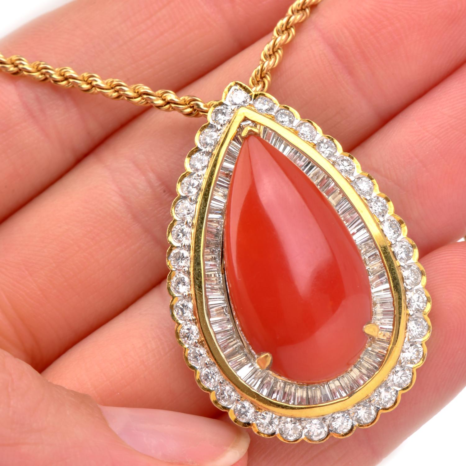 Natural  Red Coral Diamond 18K Gold Pear Halo Pendant In Excellent Condition For Sale In Miami, FL