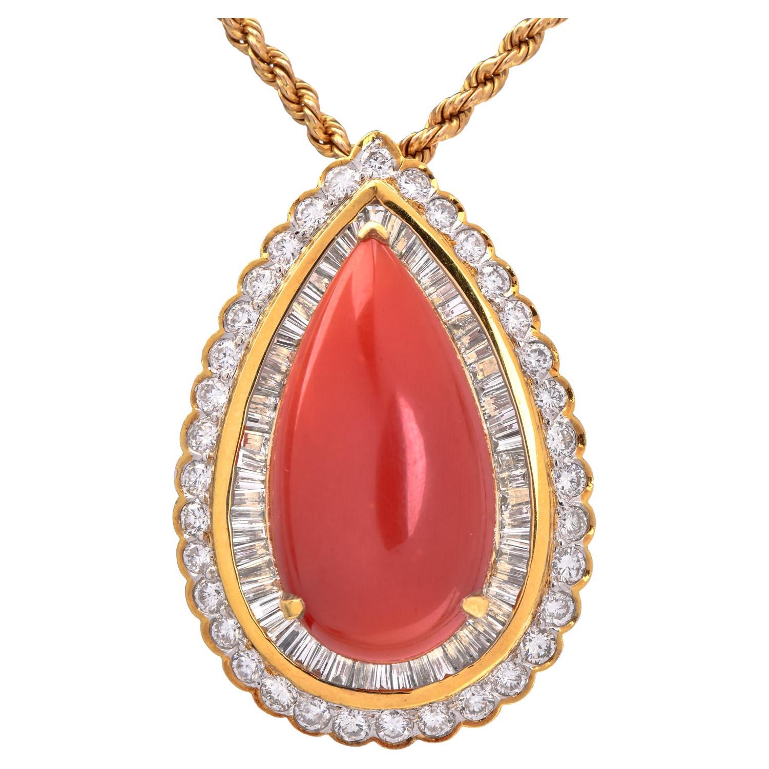 Natural  Red Coral Diamond 18K Gold Pear Halo Pendant