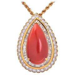 Vintage Natural  Red Coral Diamond 18K Gold Pear Halo Pendant
