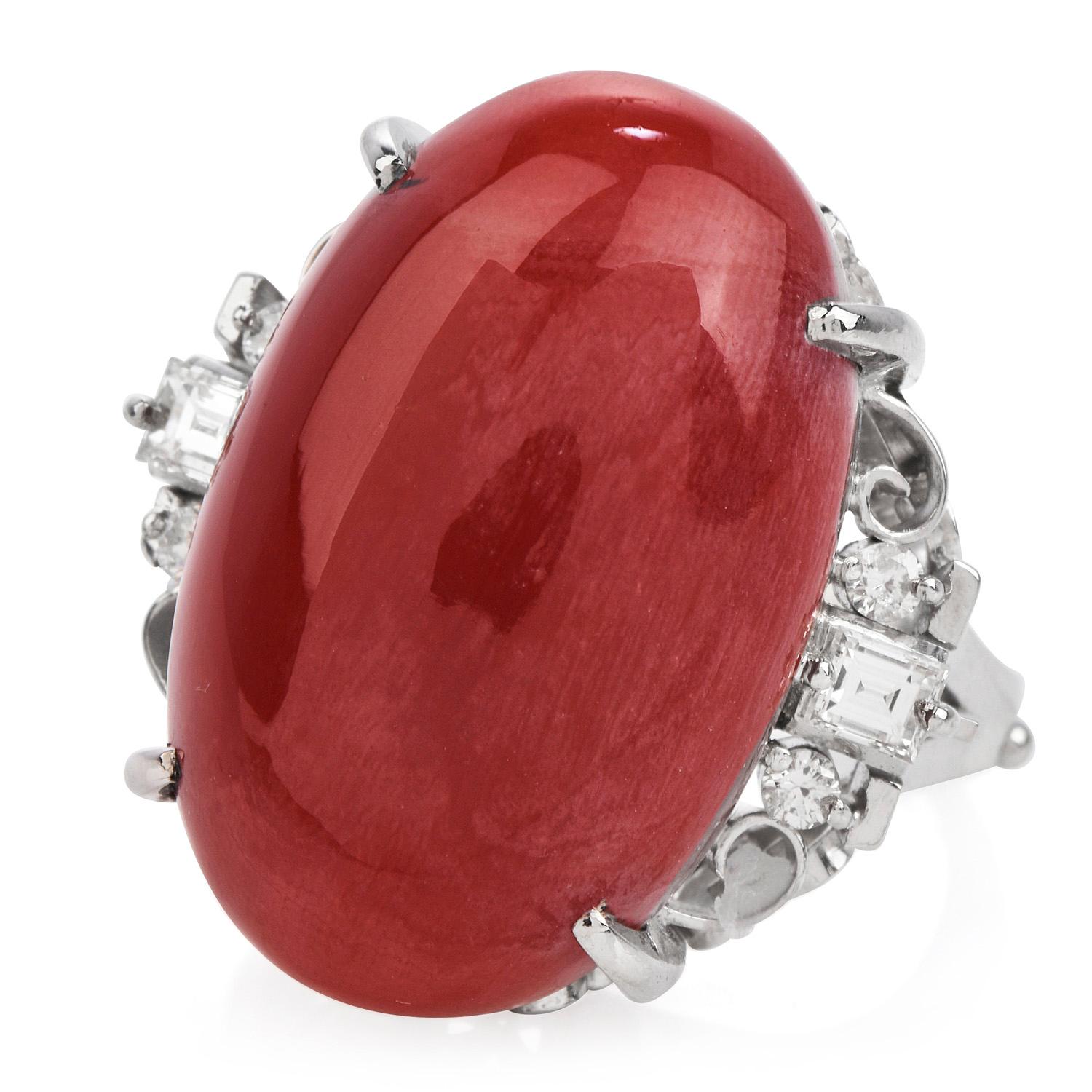 Divulge your love for natural red coral with this prominent Estate Diamond Coral 18K Gold Oval Cabochon Cocktail Ring!  

This refreshing and large ring boasts 1 Natural GIA Certified Oval Cabochon Red natural color Coral measuring 22 x 13mm,  and