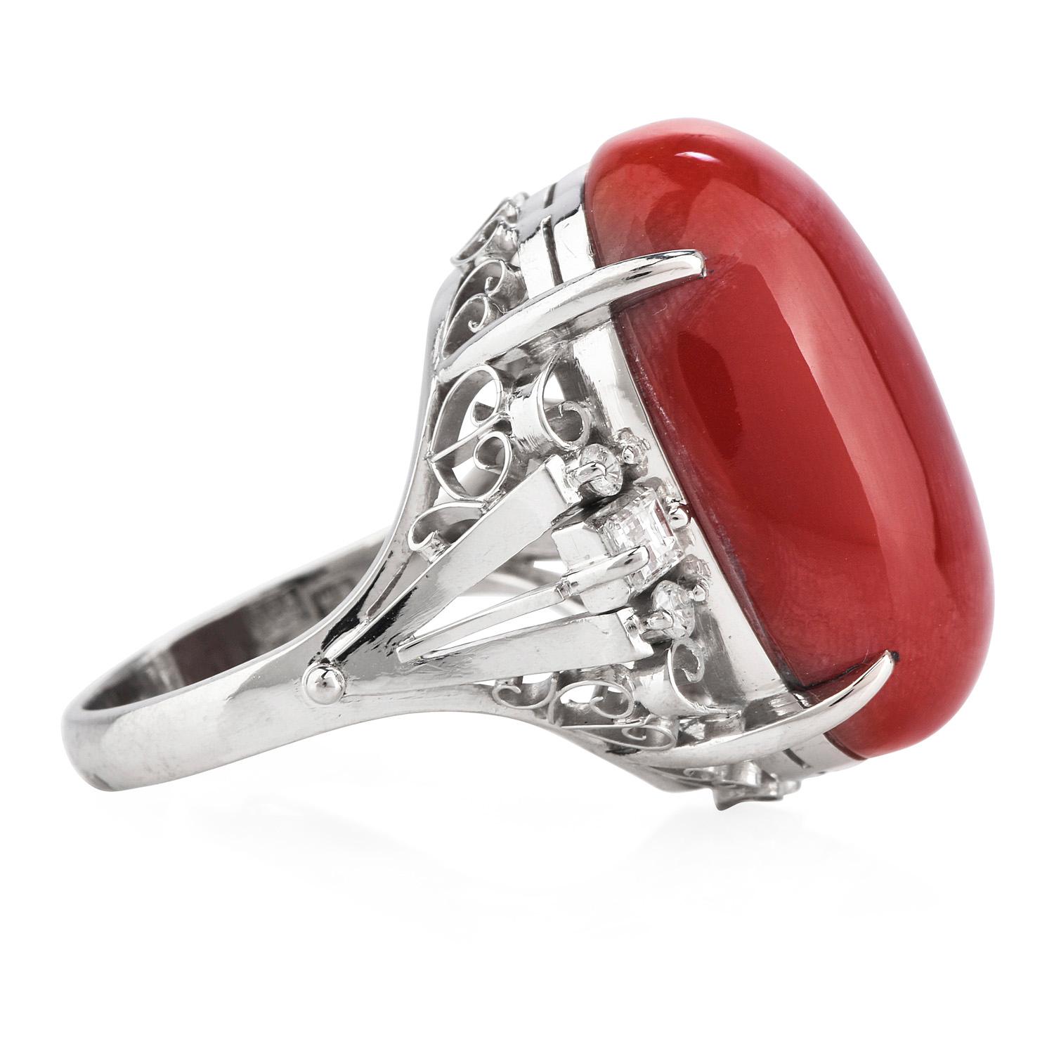 Cabochon Natural Red Coral Diamond Platinum Cocktail Ring