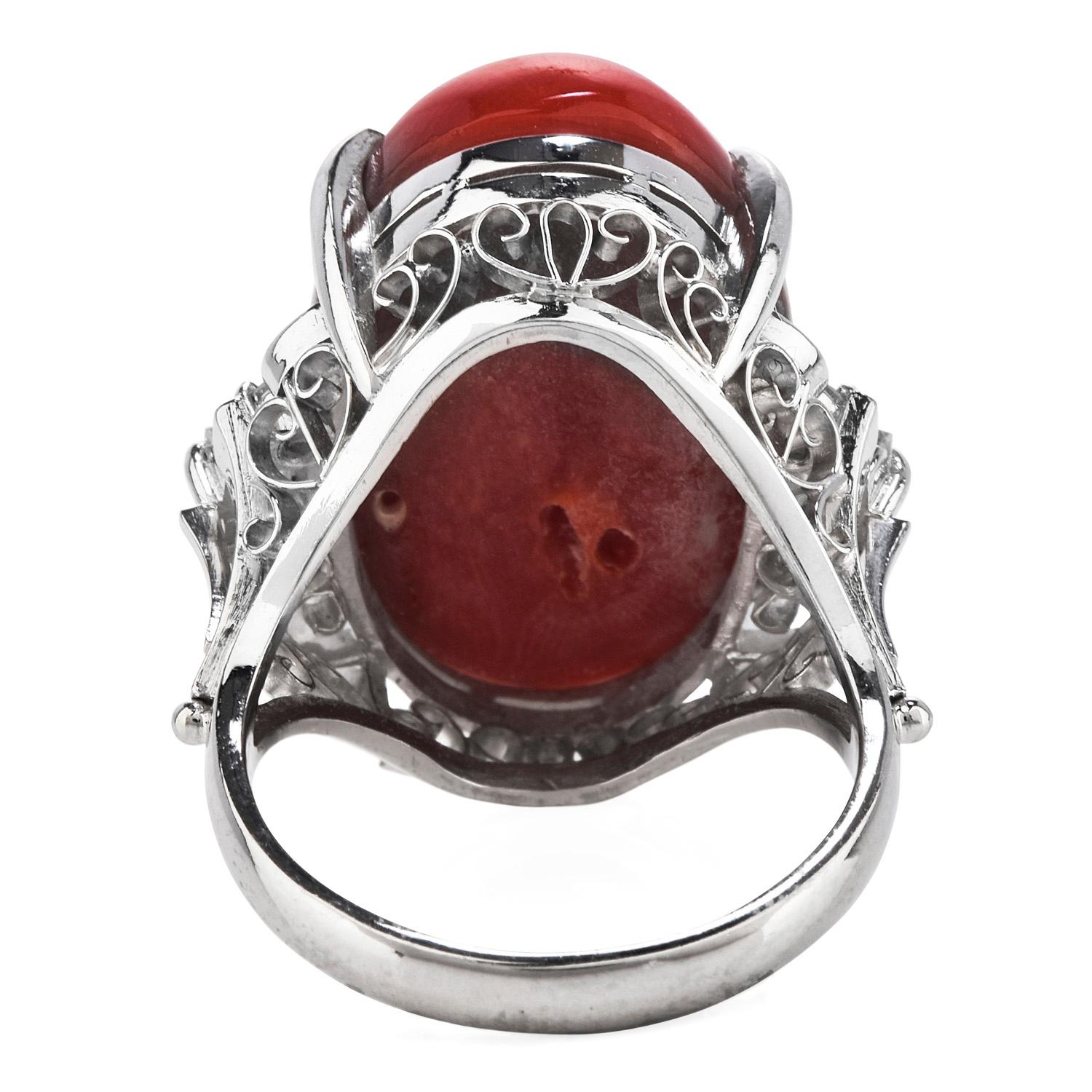 Natural Red Coral Diamond Platinum Cocktail Ring In Excellent Condition In Miami, FL