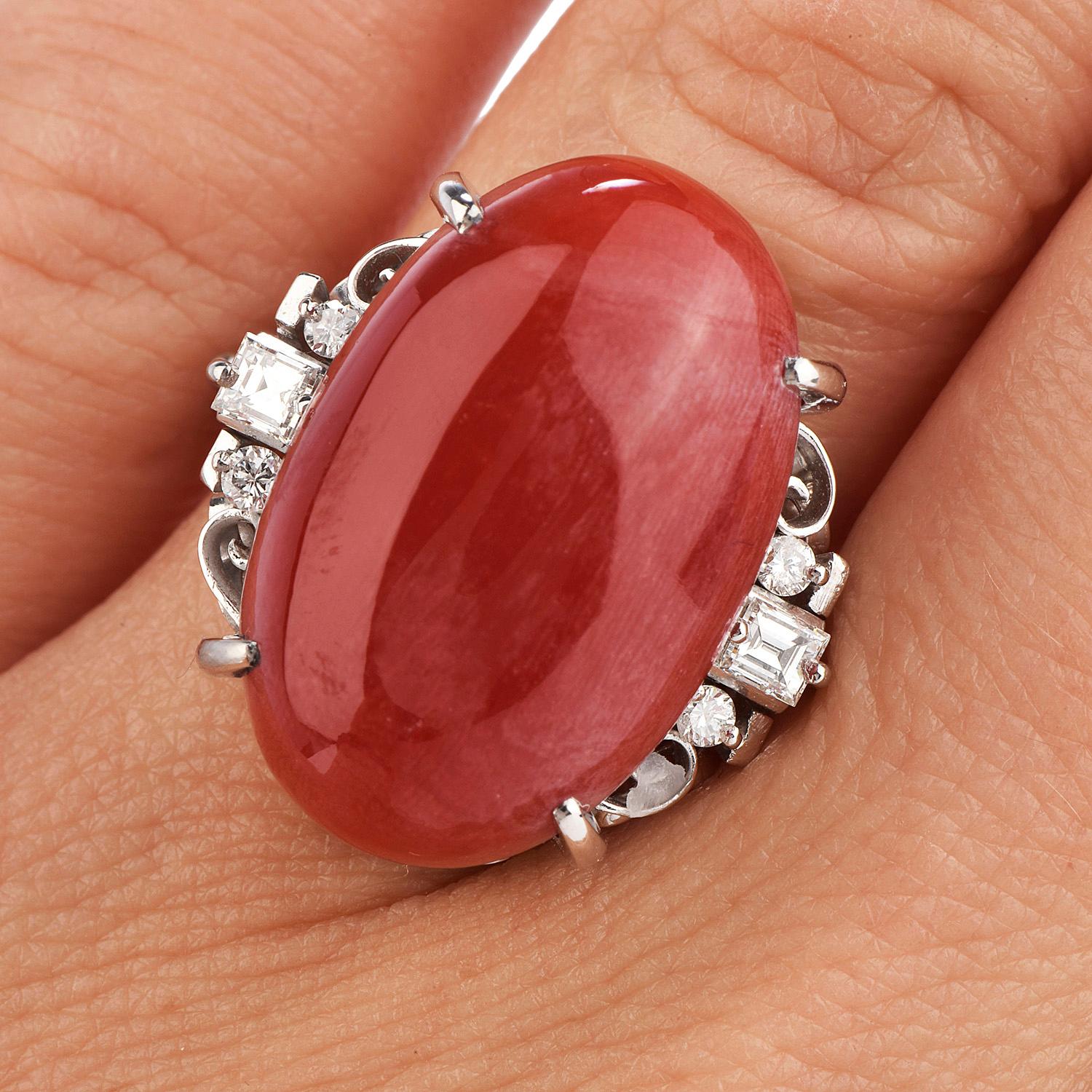 Women's or Men's Natural Red Coral Diamond Platinum Cocktail Ring