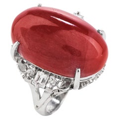 Natural Red Coral Diamond Platinum Cocktail Ring