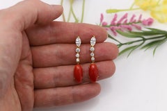 Natural Red Coral Earrings with Diamonds Solid 14k Yellow Gold Dangle Earring