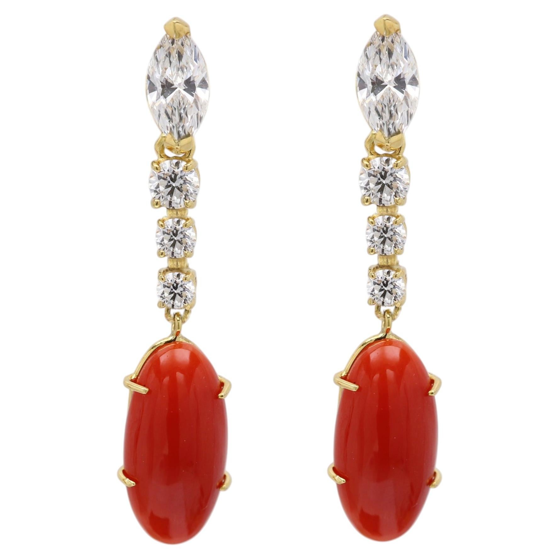 Natural Red Coral Earrings with Diamonds Solid 14k Yellow Gold Dangle Earring