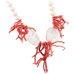 Natural Red Coral Freshwater Pearl Crystal Rock 925 Silver Reaf Craft Necklace