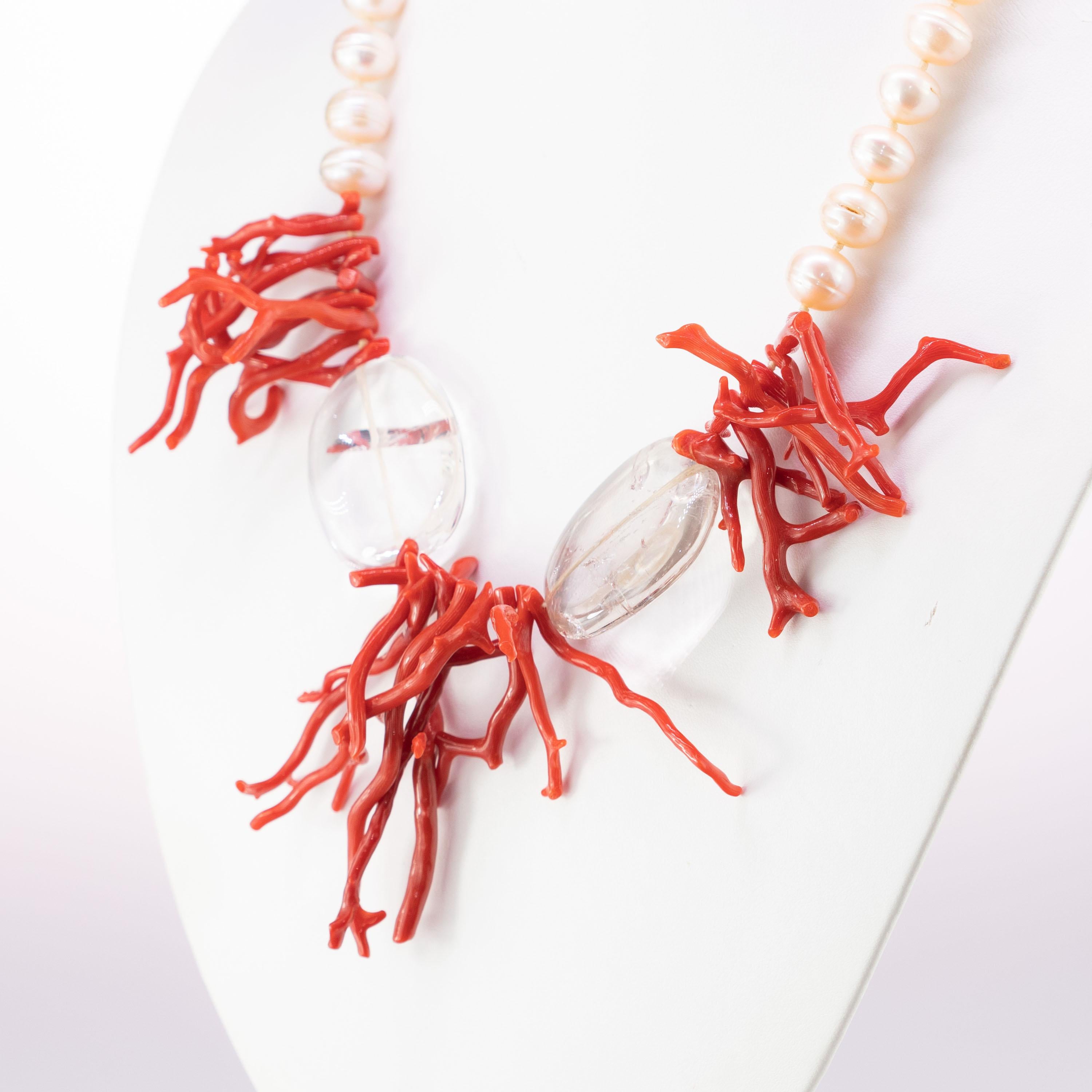 Contemporary Natural Red Coral Freshwater Pearl Crystal Rock 925 Silver Reaf Craft Necklace