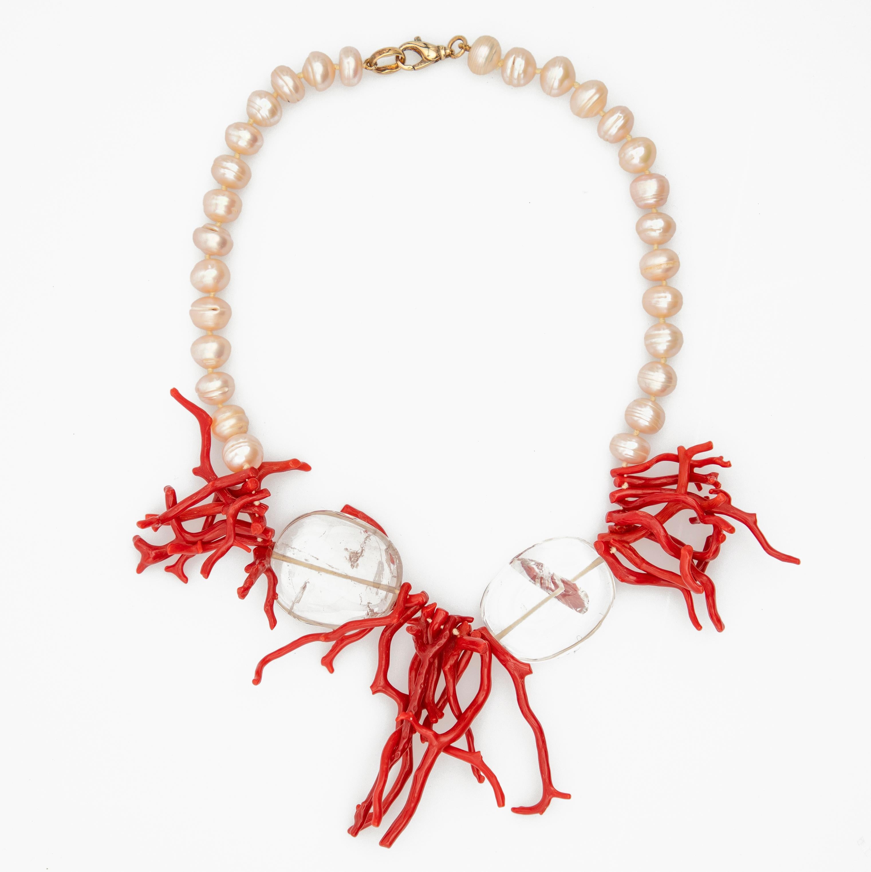 Natural Red Coral Freshwater Pearl Crystal Rock 925 Silver Reaf Craft Necklace In New Condition In Milano, IT