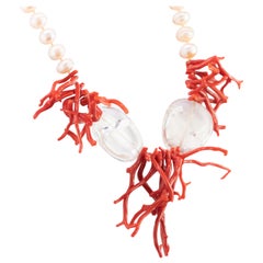 Natural Red Coral Freshwater Pearl Crystal Rock 925 Silver Reaf Craft Necklace