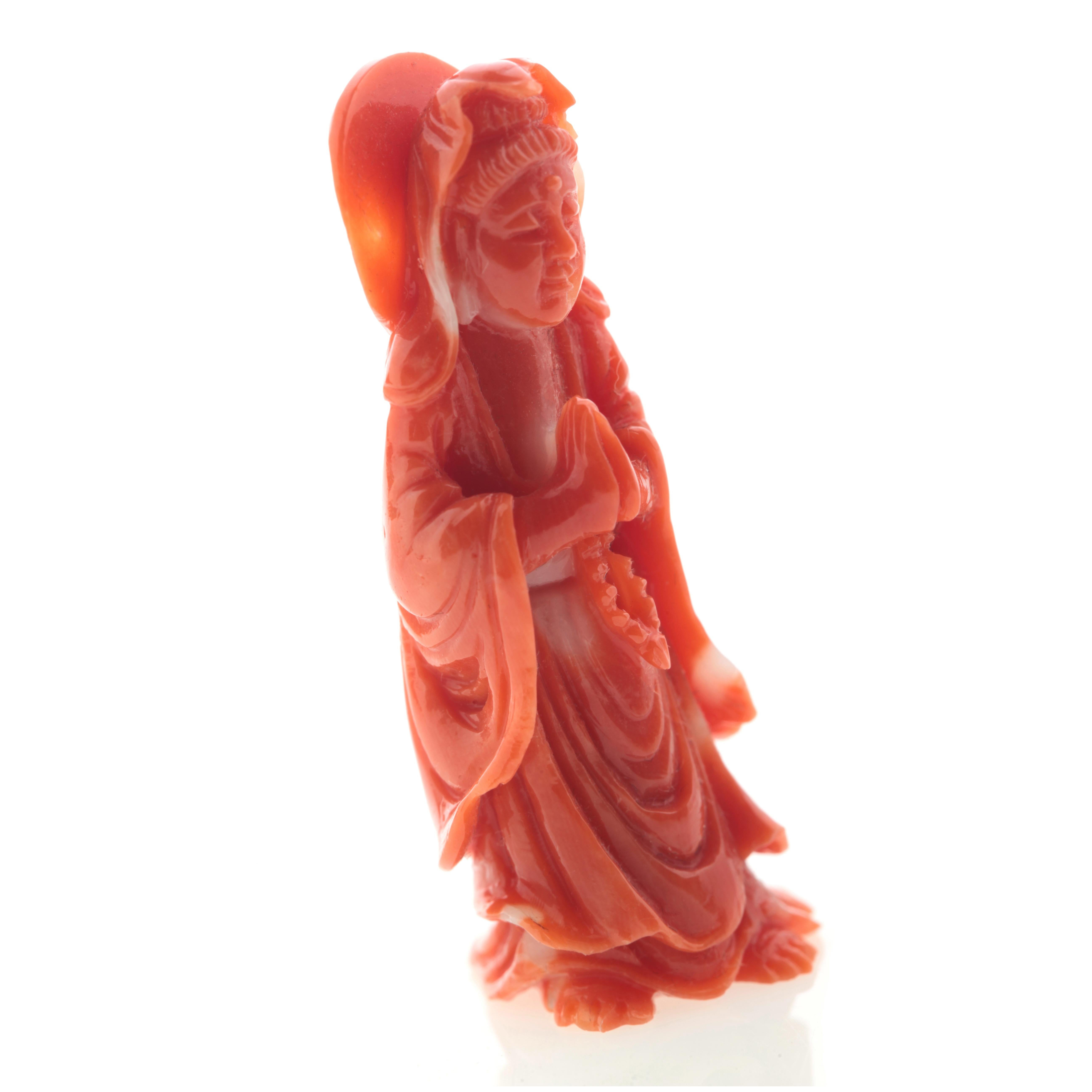 Chinese Export Natural Red Coral Holy Mary Virgin Carved Asian Decorative Art Statue Sculpture For Sale