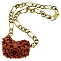 Natural Red Coral Large Flower Pendant on Yellow Gold Figaro Chain