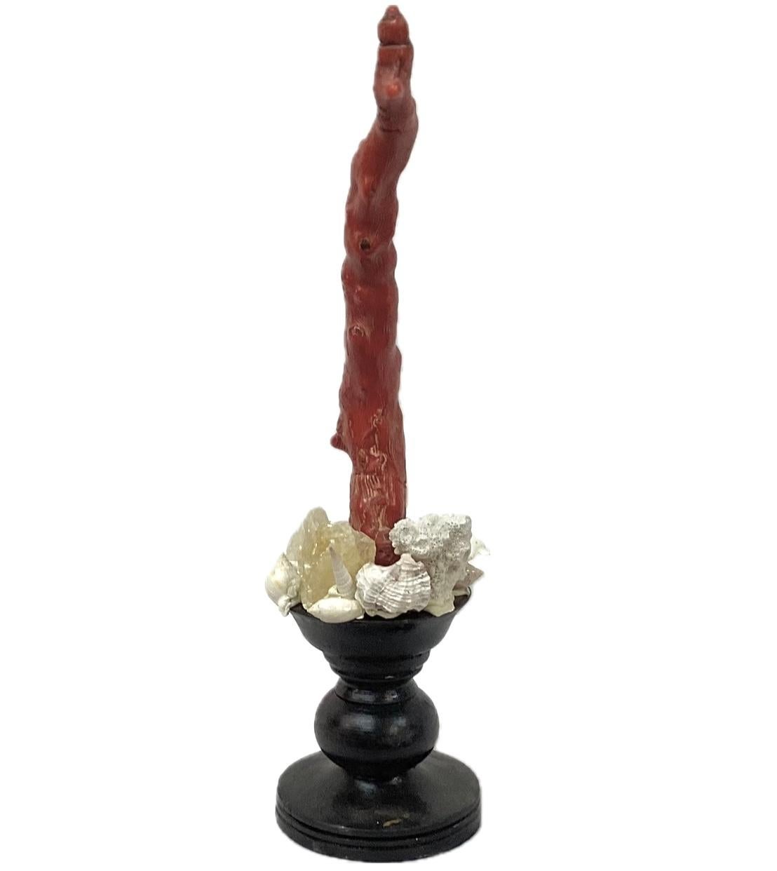 Italian Natural Red Coral Mounted On 18th Century Painted Wood Fragment For Sale
