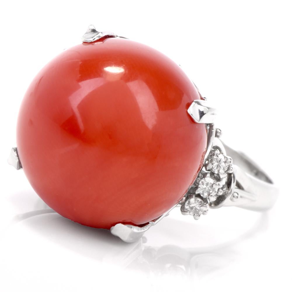 This estate ring of elegant simplicity is crafted in solid platinum, weighing 13.2 grams and measuring 16mm wide x 17mm high . The ring exposes a natural round natural red coral measuring 17mm secured by four paw-prongs. Coral is accompanied by its