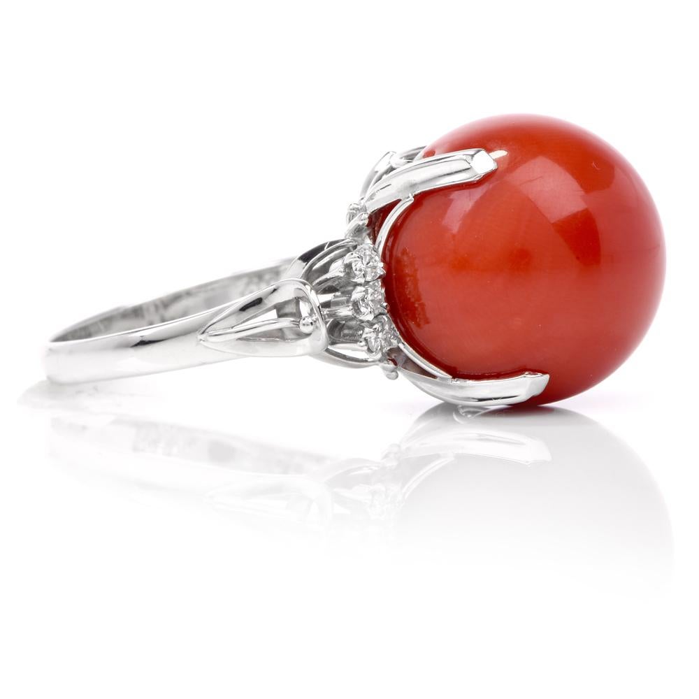 Natural Red Coral Platinum Diamond Ring In Excellent Condition In Miami, FL