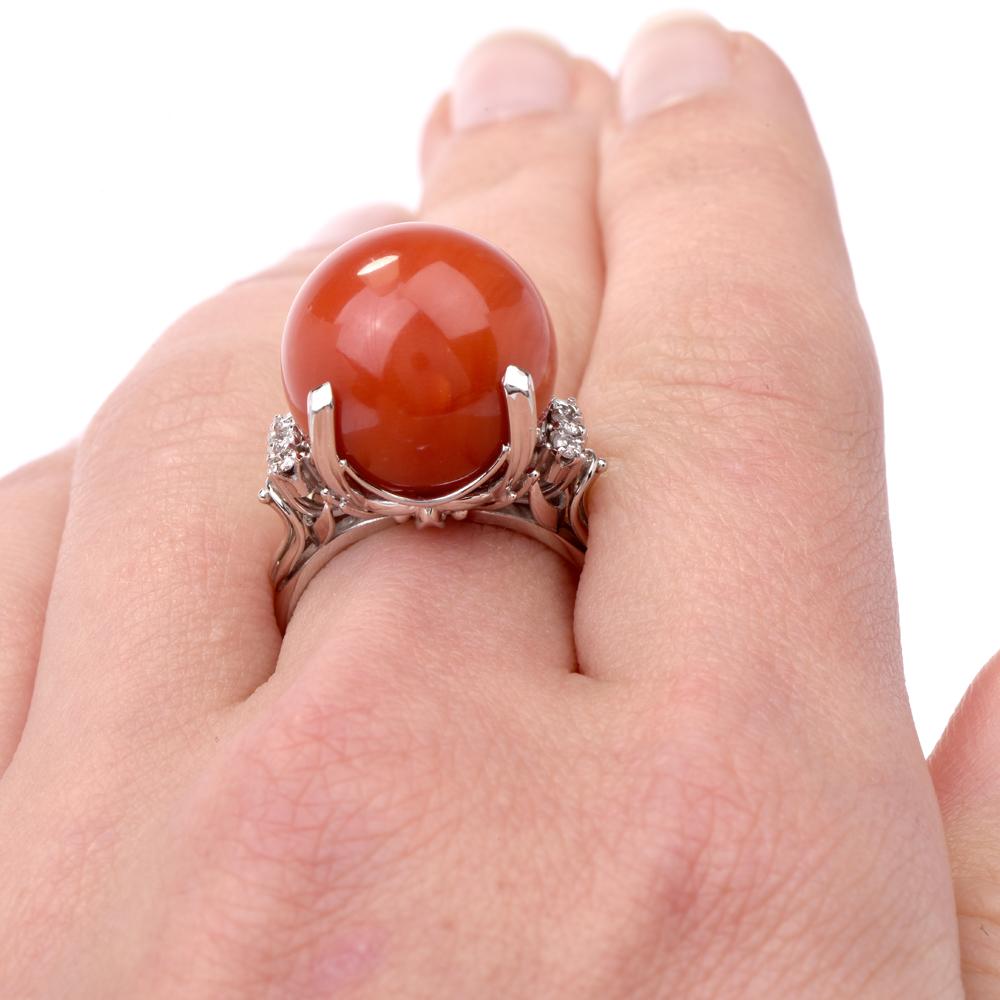Women's or Men's Natural Red Coral Platinum Diamond Ring