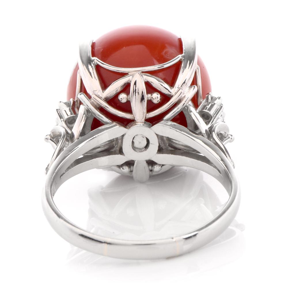 Natural Red Coral Platinum Diamond Ring 1