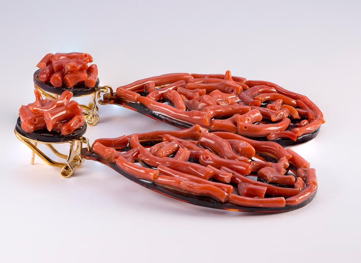 Elegant Natural Red Coral Drop Earrings set on a Tortoise Shell base with Silver Gold Plated back Clips entirely Handmade. Comfortable and Easy to wear will uplift any outfit from Summer to Winter!