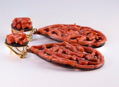 Natural Red Coral Tortoise Shell Dangle Earrings