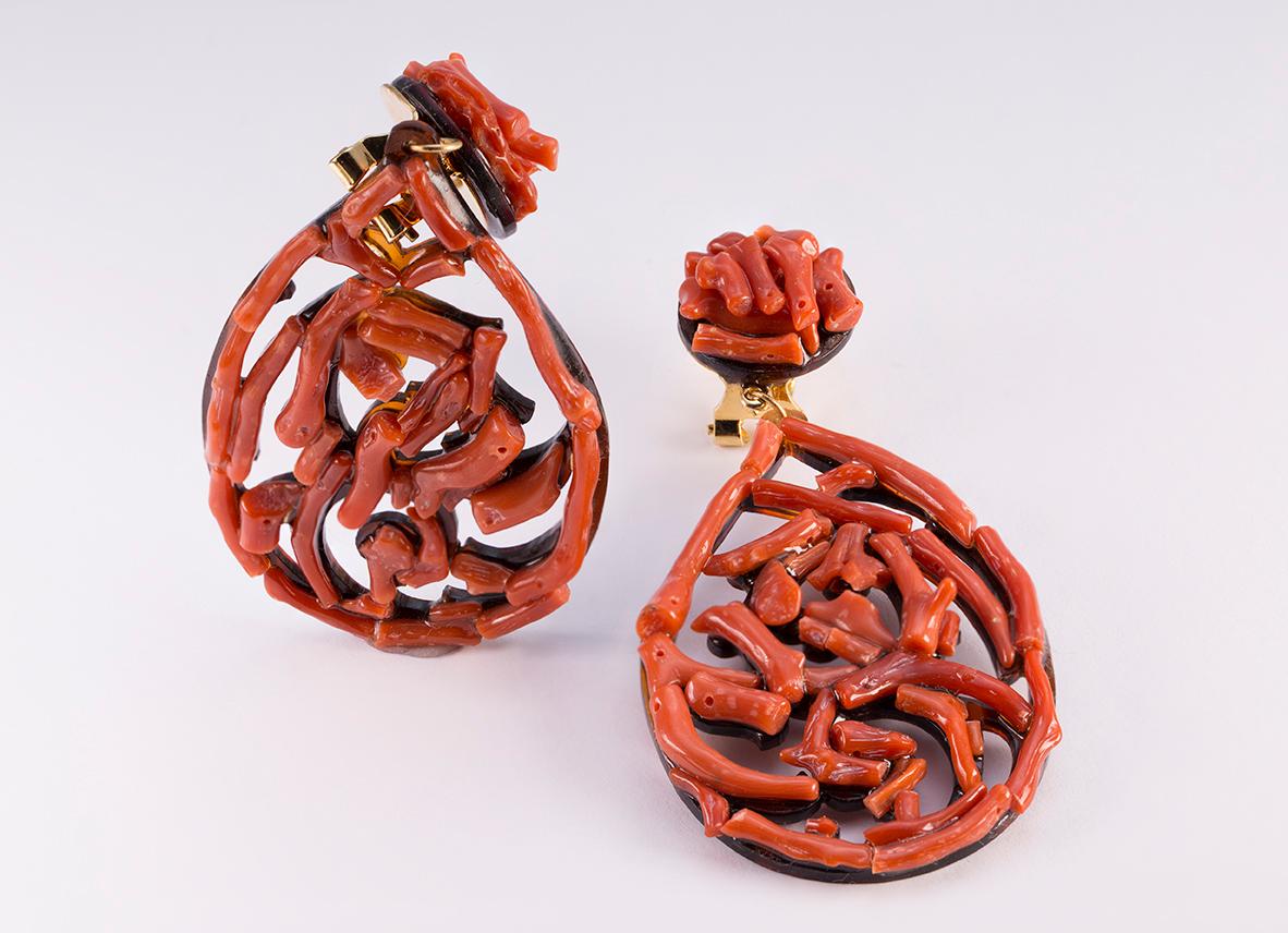 Contemporary Natural Red Coral Tortoise Shell Dangle Earrings For Sale