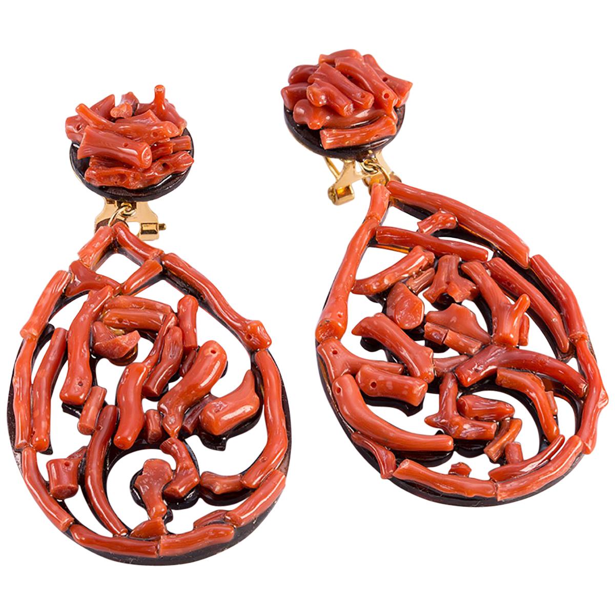 Natural Red Coral Tortoise Shell Dangle Earrings For Sale
