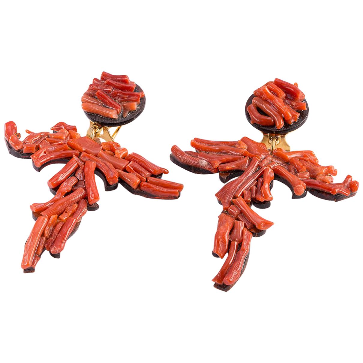 Natural Red Coral Tortoise Shell Drop Earrings For Sale