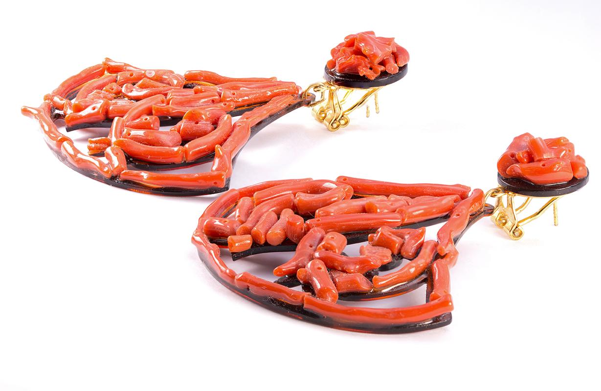 An impressive but light and easy to wear Red Coral Earrings, entirely hand made set on a Tortoiseshell base with Silver Gold Plated metal with back Clips. A must have not only for Summer but for Winter as well! 