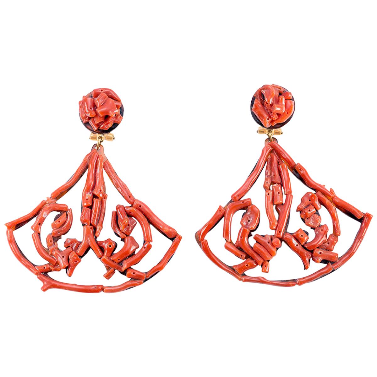 Natural Red Coral Tortoise Shell Earrings For Sale