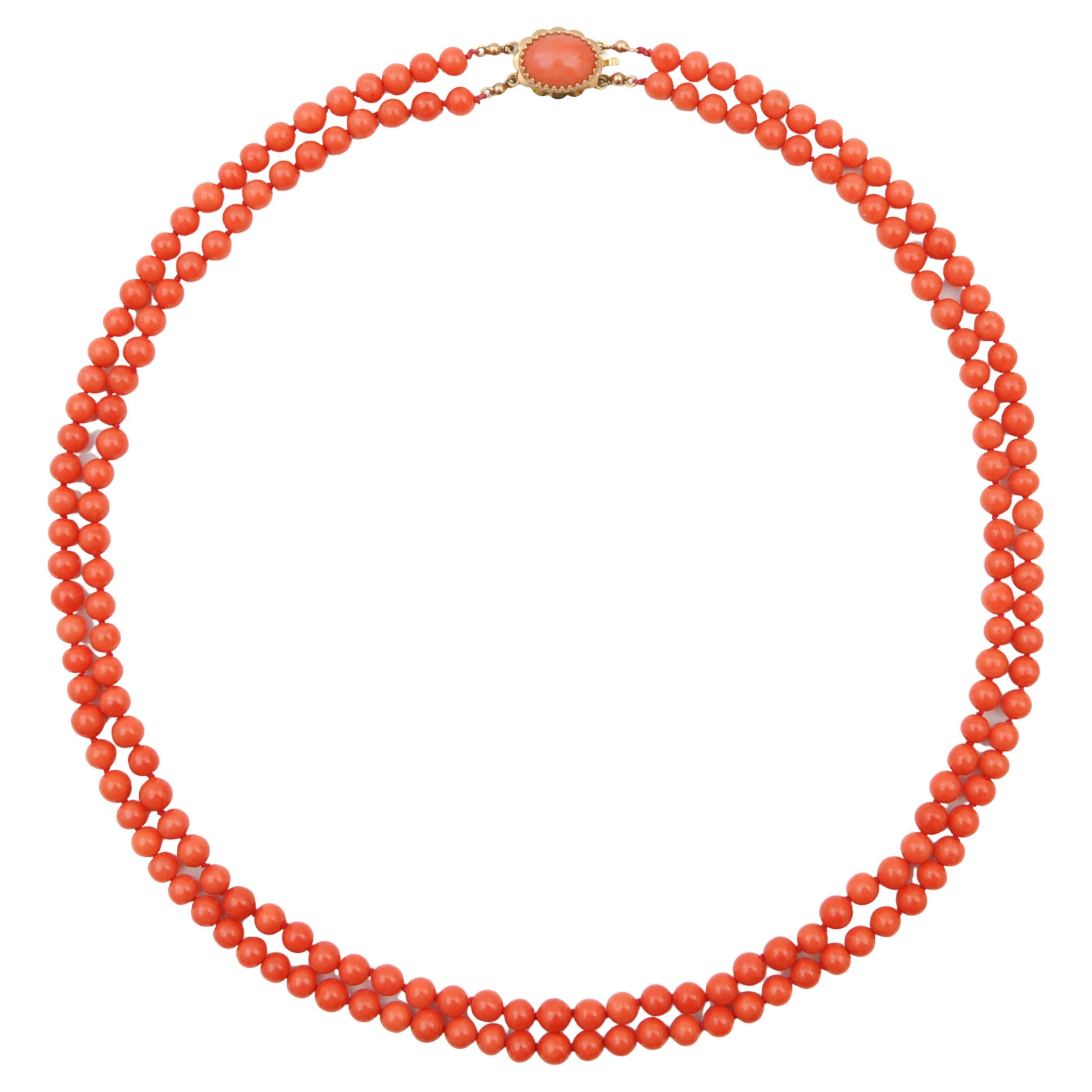 Round Cut Vintage Natural Coral Two-Strand 14K Gold Beaded Necklace For Sale