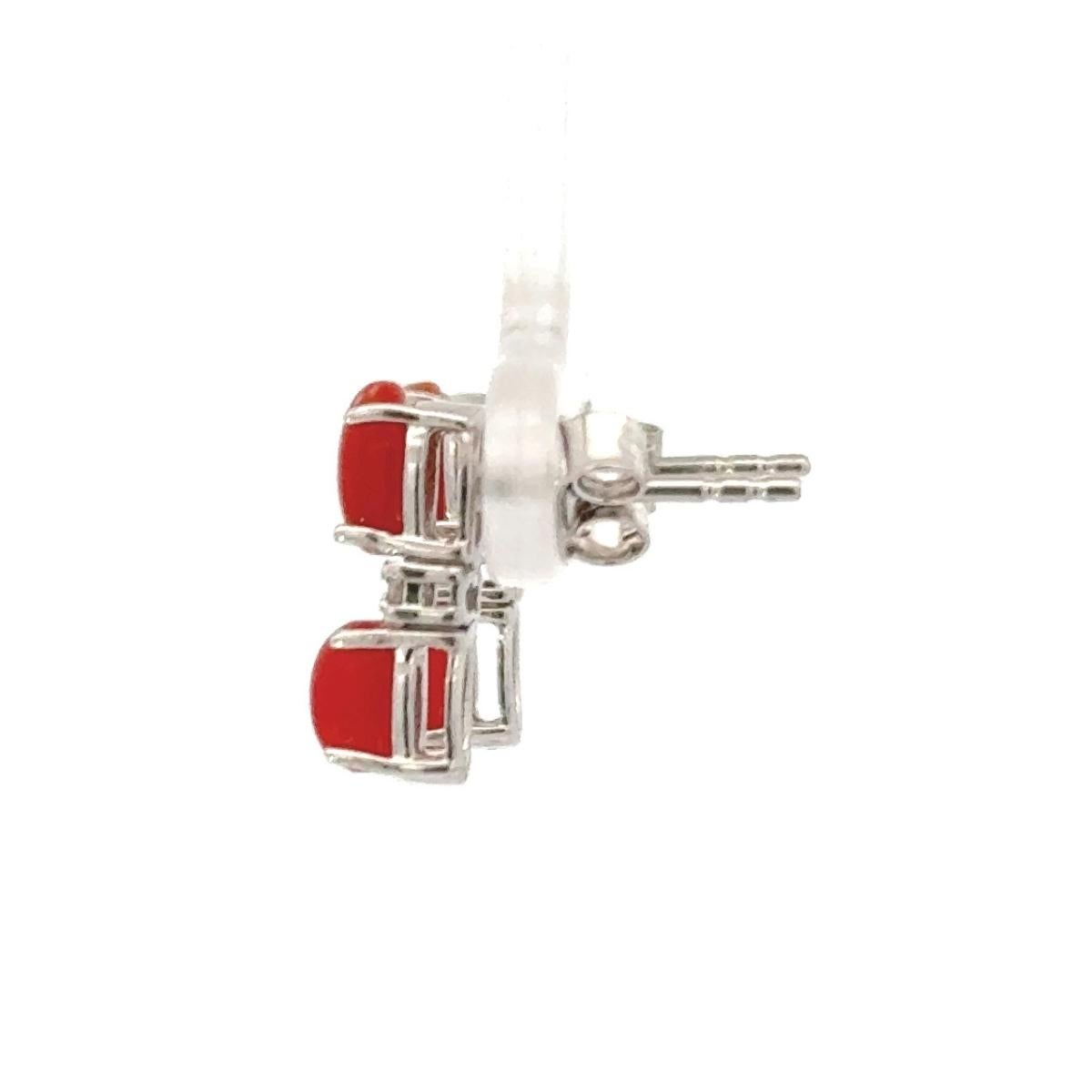 Art Deco Natural Red Coral with CZ 925 Sterling Silver Earrings Stud for Women Gift For Sale