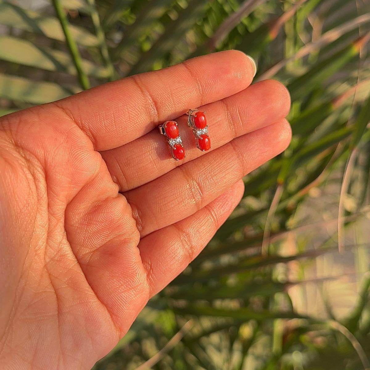 Mixed Cut Natural Red Coral with CZ 925 Sterling Silver Earrings Stud for Women Gift For Sale
