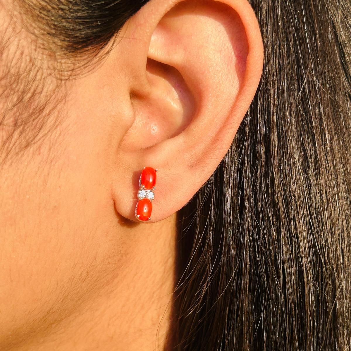 Women's Natural Red Coral with CZ 925 Sterling Silver Earrings Stud for Women Gift For Sale
