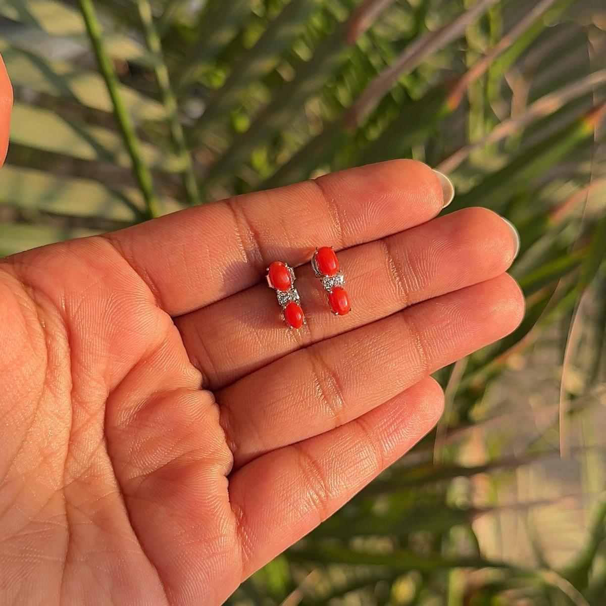 Natural Red Coral with CZ 925 Sterling Silver Earrings Stud for Women Gift For Sale 1
