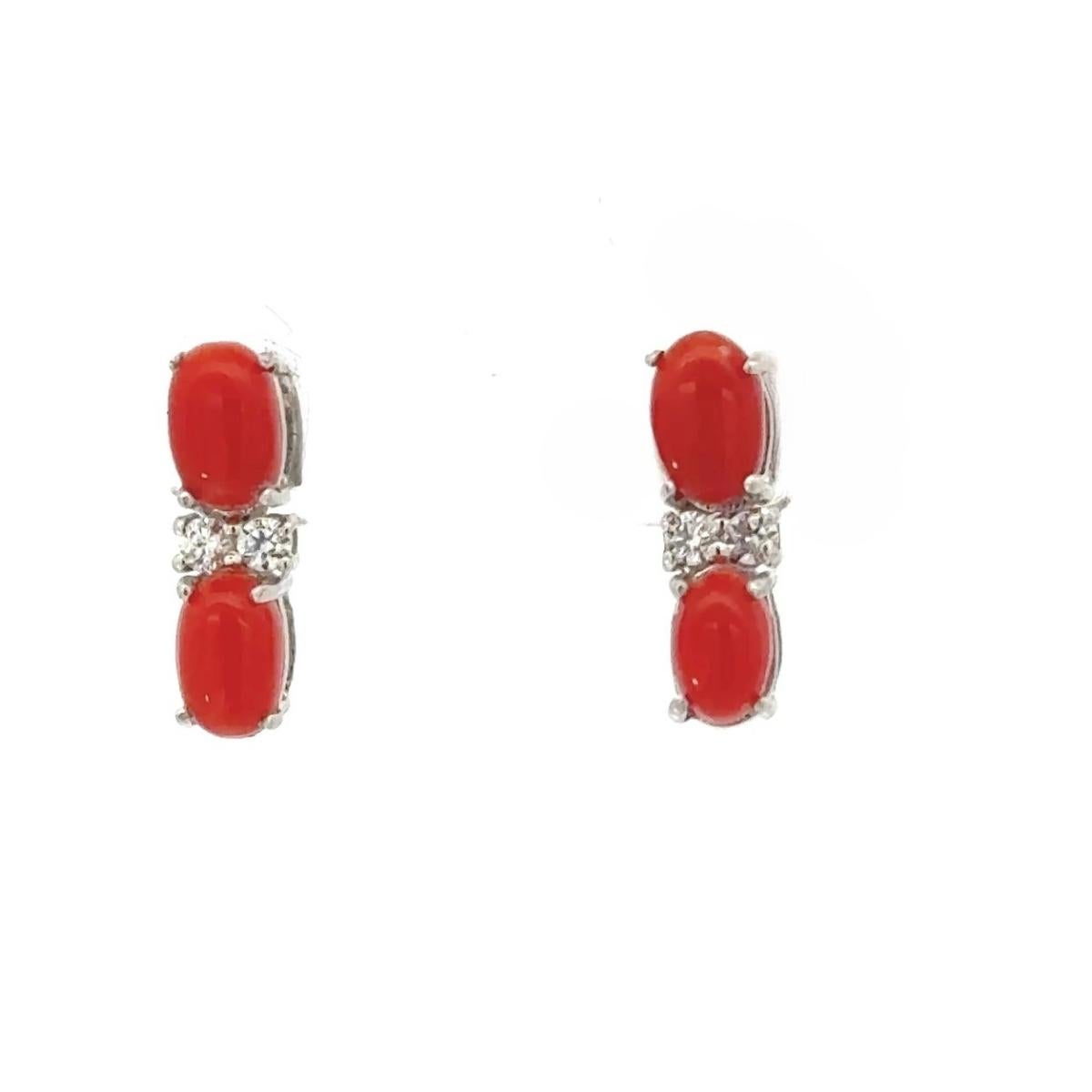 Natural Red Coral with CZ 925 Sterling Silver Earrings Stud for Women Gift For Sale 2