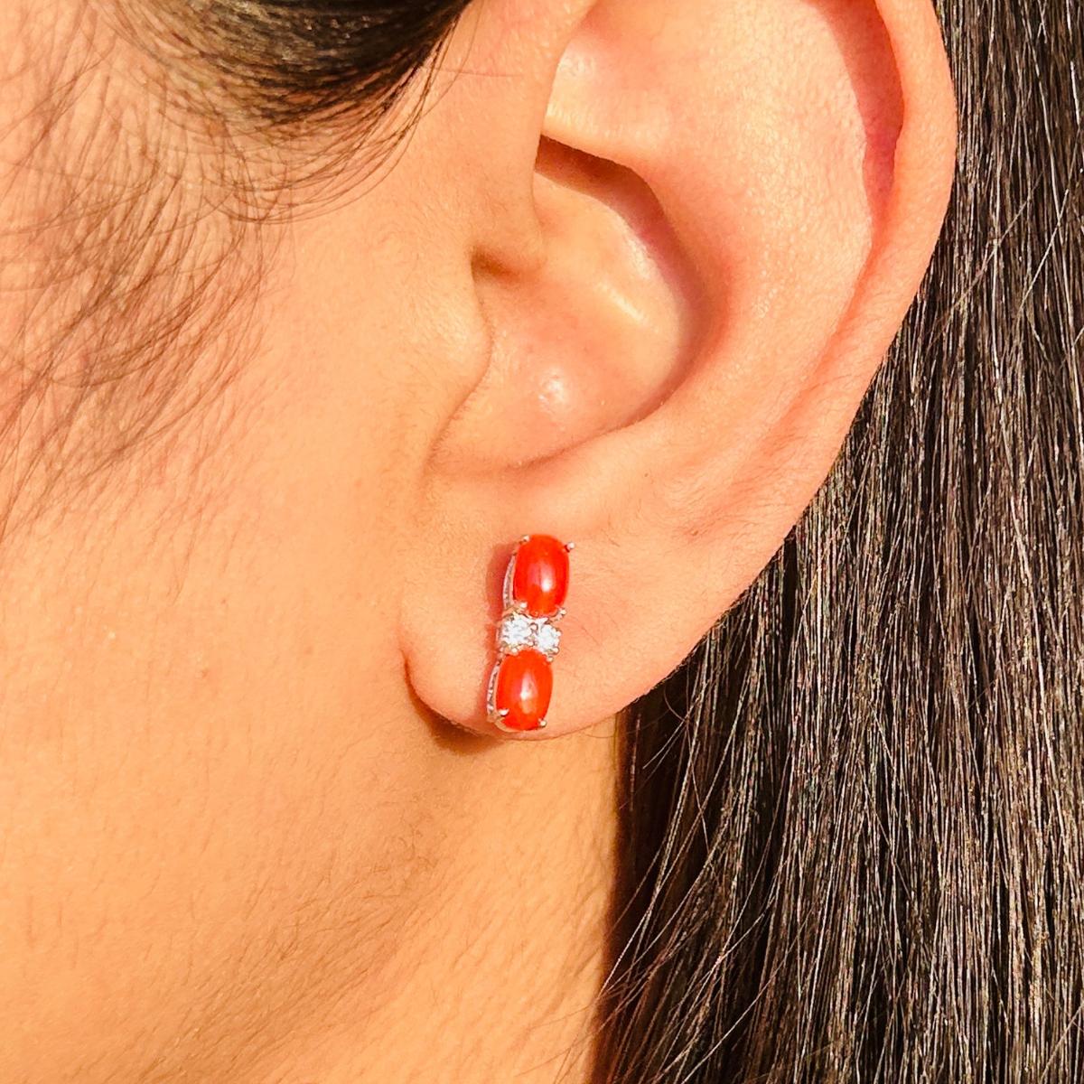 Natural Red Coral with CZ 925 Sterling Silver Earrings Stud for Women Gift For Sale 3