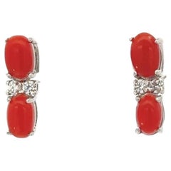 Natural Red Coral with CZ 925 Sterling Silver Earrings Stud for Women Gift