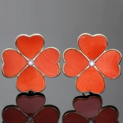 Natural Red Coral Yellow Gold Large 4-Leaf Clover Flower Earrings