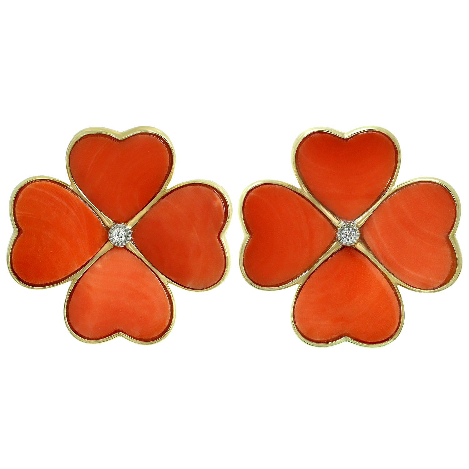 Natural Red Coral Yellow Gold Large 4-Leaf Clover Flower Earrings For Sale