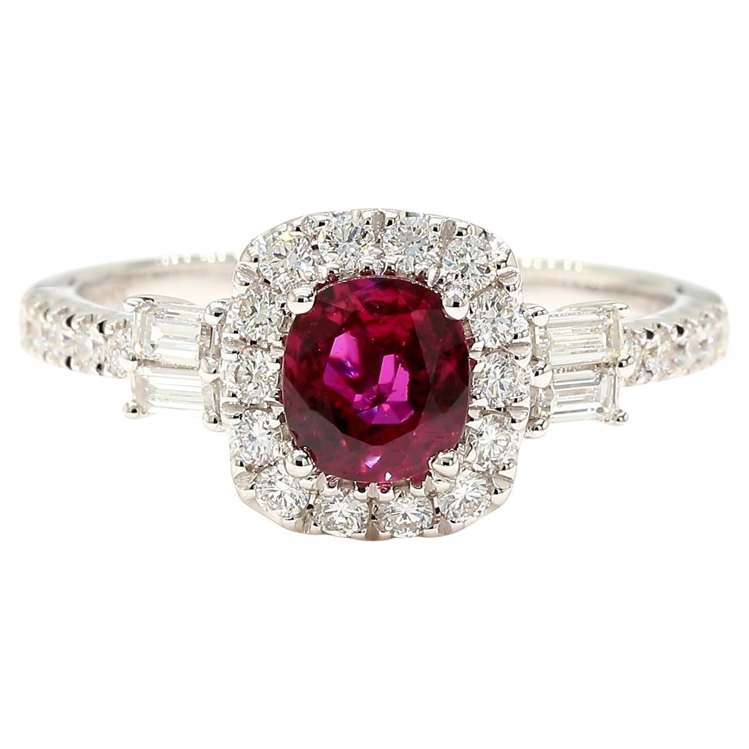 Natural Red Cushion Ruby and White Diamond 1.25 Carat TW Gold Cocktail Ring