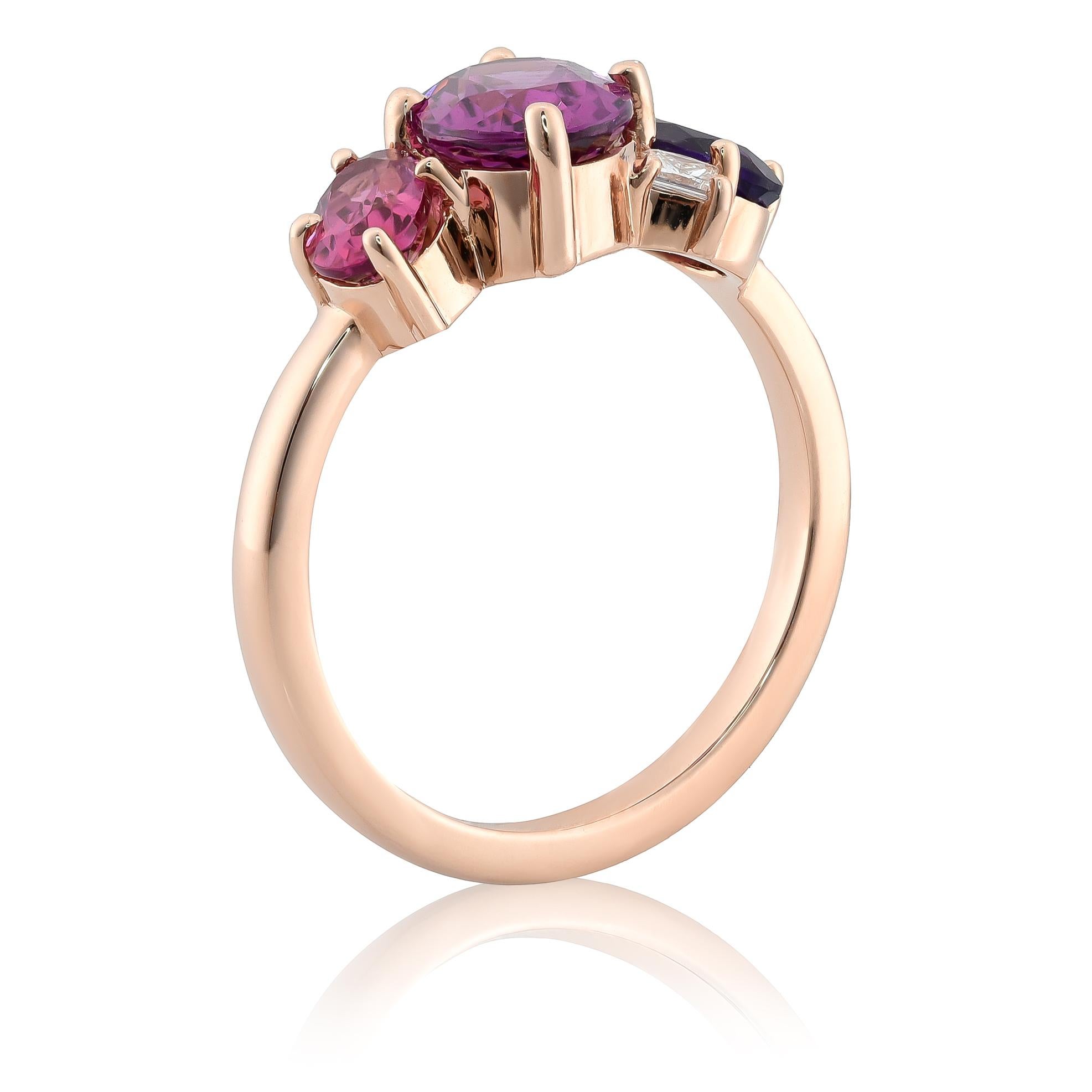 Natürlicher roter Granat, Amethyst, rosa Turmalin, Diamant 2,56 Karat TW in 14KRG Ring (Gemischter Schliff)