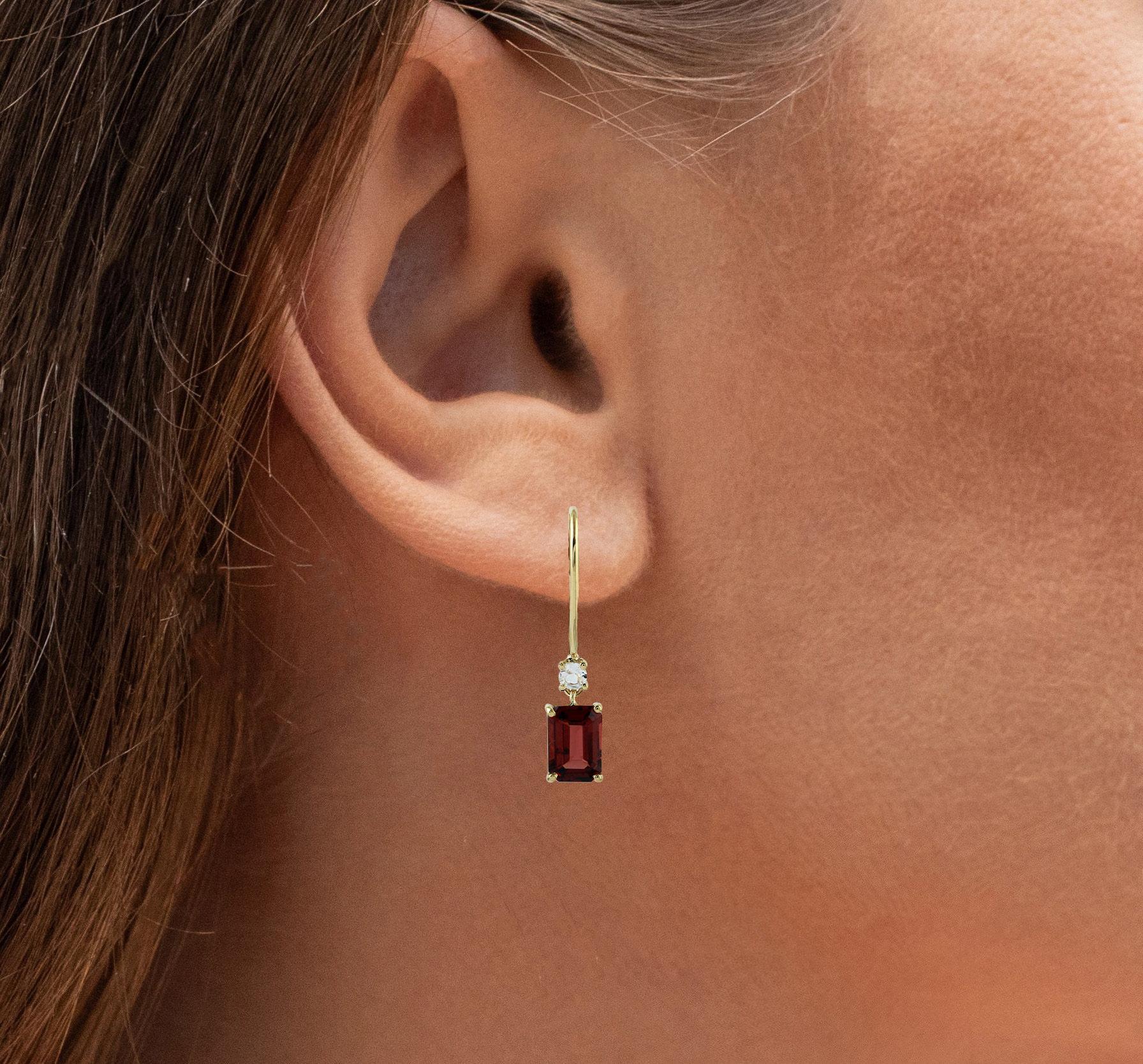 Contemporary Natural Red Garnet And White Topaz Dangle Earrings 10K Gold For Sale
