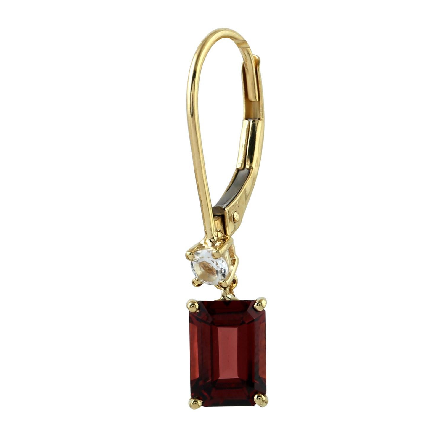 Emerald Cut Natural Red Garnet And White Topaz Dangle Earrings 10K Gold For Sale