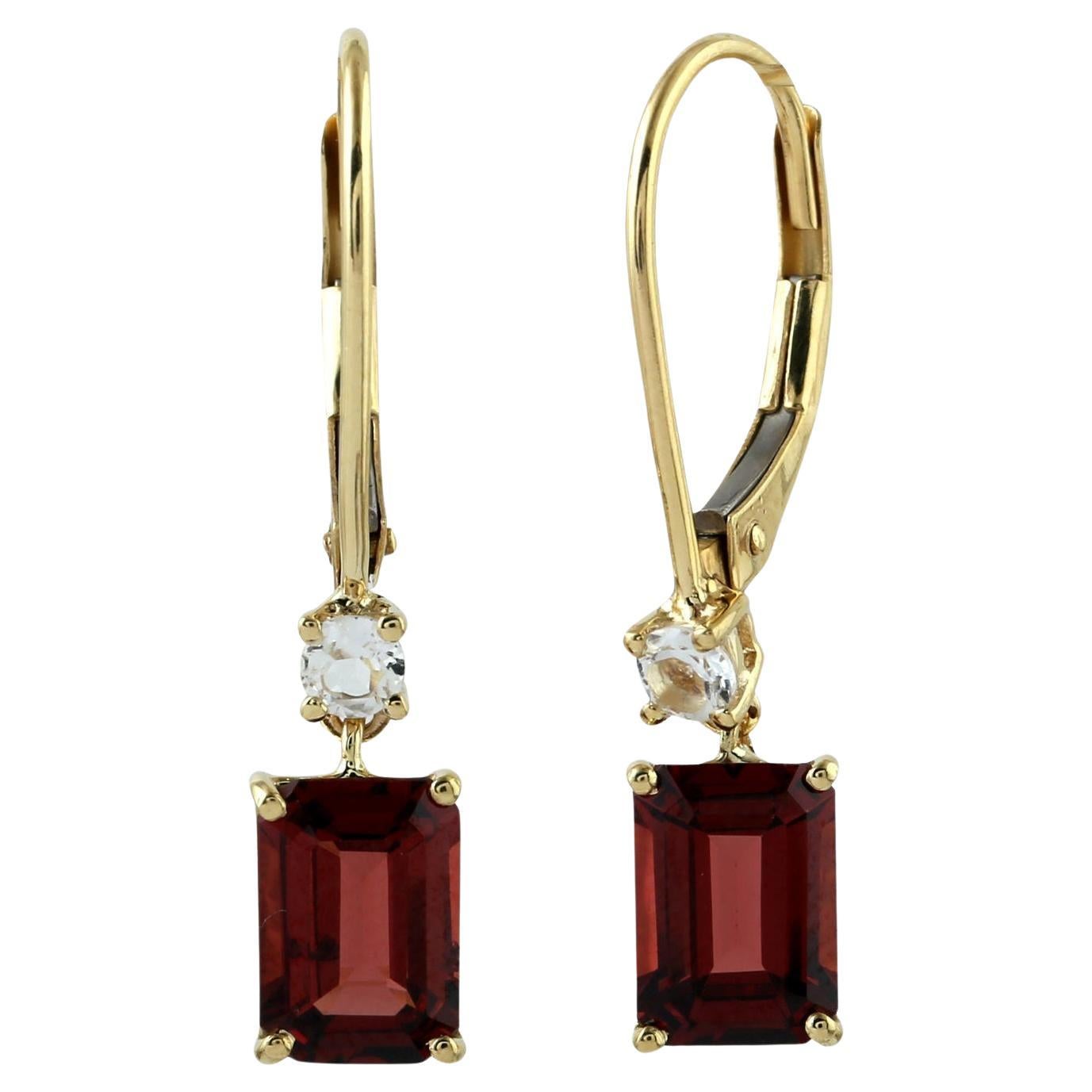 Natural Red Garnet And White Topaz Dangle Earrings 10K Gold For Sale