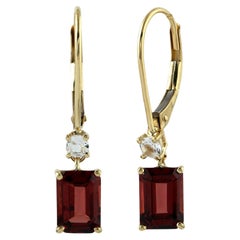 Natural Red Garnet And White Topaz Dangle Earrings 10K Gold