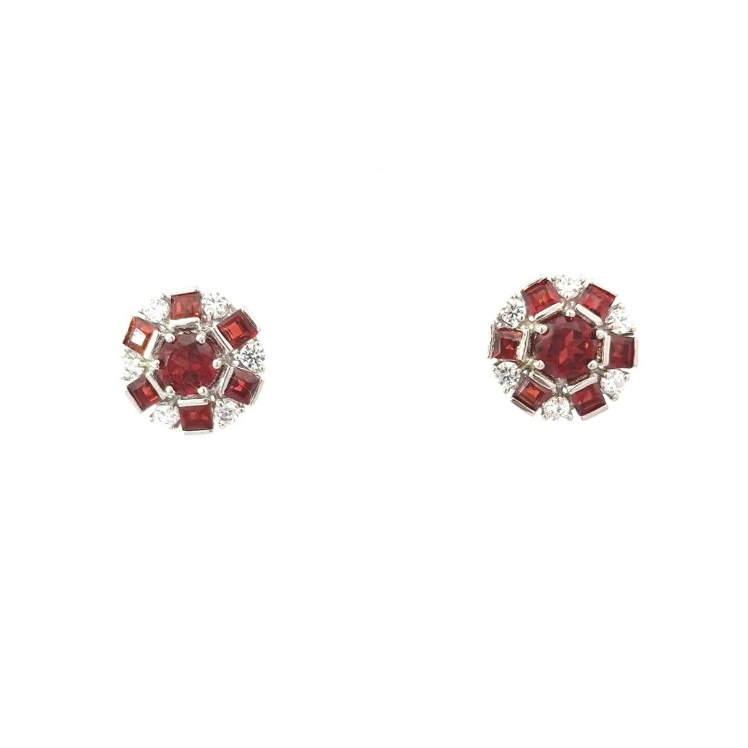 Natural Red Garnet Aura Round Sterling Silver Stud Earrings for Anniversary Gift For Sale 2