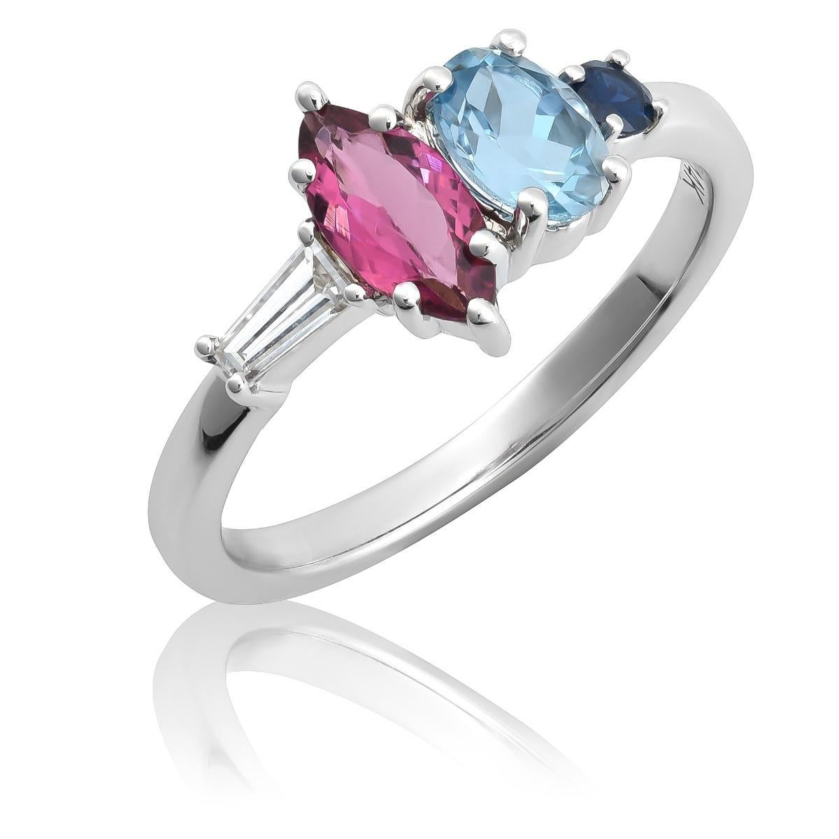 Explore the captivating allure of Garnet, Aquamarine, Sapphire, and Diamonds, elegantly set in a beautifully crafted 14K Gold Ring. This stunning piece is perfect for those who appreciate the natural beauty of gemstones and the art of fine