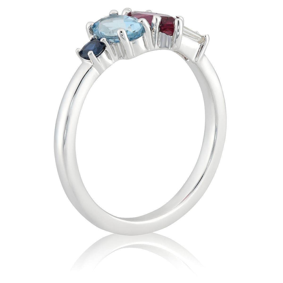 Mixed Cut Natural Red Garnet, Blue Sapphire, Aquamarine, Diamond 1.13 cts TW in 14KWG Ring For Sale