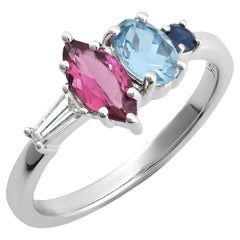 Natürlicher roter Granat, blauer Saphir, Aquamarin, Diamant 1,13 Karat TW in 14KWG Ring