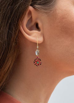 Natural Red Garnet Emerald Ruby And Iolite Flower Earrings 18K Gold
