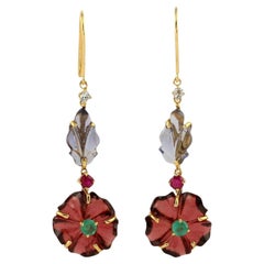 Vintage Natural Red Garnet Emerald Ruby And Iolite Flower Earrings 18K Gold